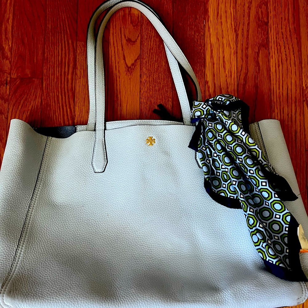 Tory Burch tote, scarf, and wallet